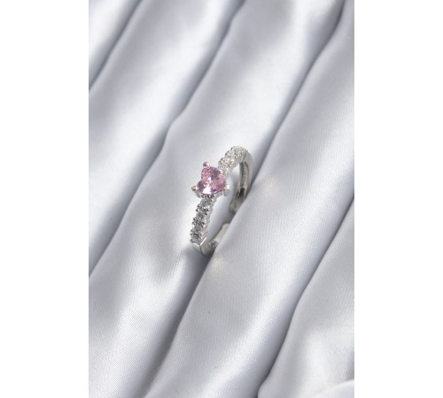 Gümüş Renk Zirkon Taşlı Pembe Kristal Kalp Model Kadın Yüzük
