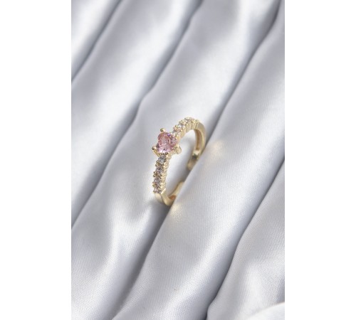 Gold Renk Zirkon Taşlı Pembe Kristal Kalp Model Kadın Yüzük