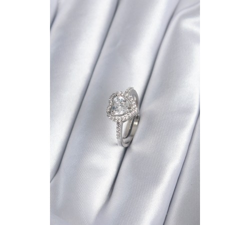 Pirinç Gümüş Renk Zirkon Taşlı Kalp Charm Model Kadın Yüzük