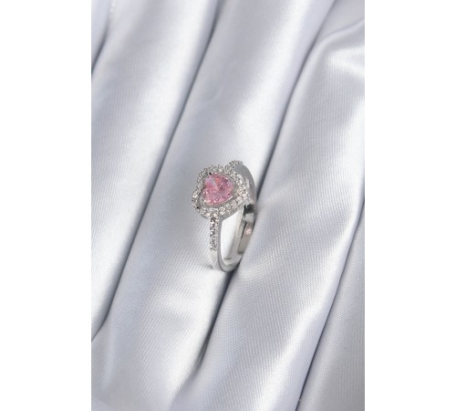 Pirinç Gümüş Renk Pembe Zirkon Taş Kalp Charm Model Kadın Yüzük