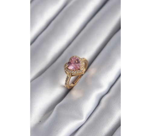 Pirinç Gold Renk Pembe Zirkon Taşlı Charm Kalp Model Kadın Yüzük