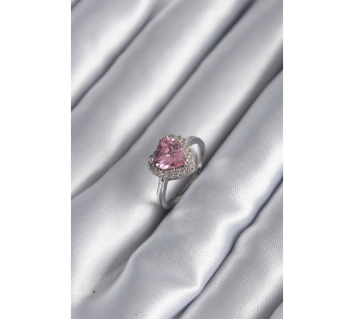 Pirinç Gümüş Renk Pembe Zirkon Taş Kalp Charm Model Kadın Yüzük