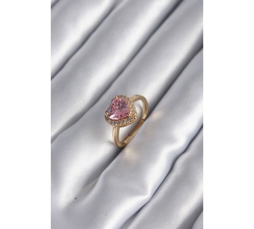Pirinç Gold Renk Pembe Zirkon Taş Kalp Charm Model Kadın Yüzük