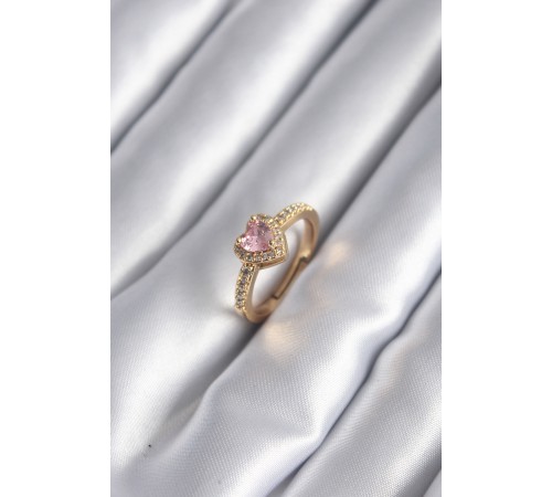 Pirinç Gold Renk Pembe Zirkon Taş Kalp Charm Model Kadın Yüzük