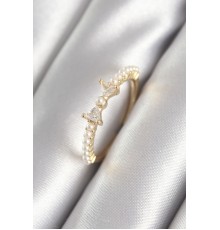 Pirinç Gold Renk Zirkon Taşlı Kurdele İnci Detay Kadın Yüzük