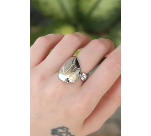 Pirinç Gümüş Renk Ayarlanabilir İri Bombeli Yüzük