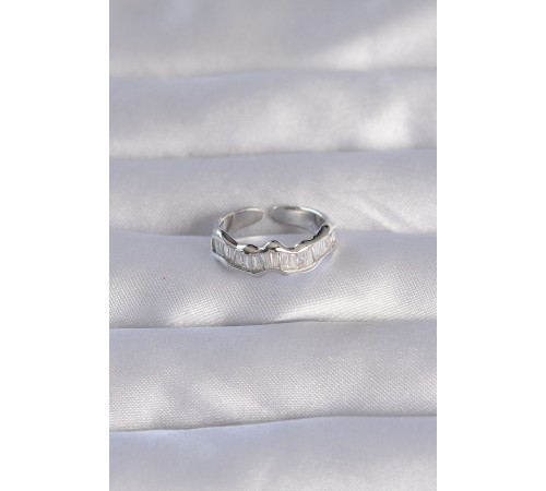 Pirinç Gümüş Renk Zirkon Taşlı Dalgalı Su Yolu Model Ayarlanabilir Yüzük