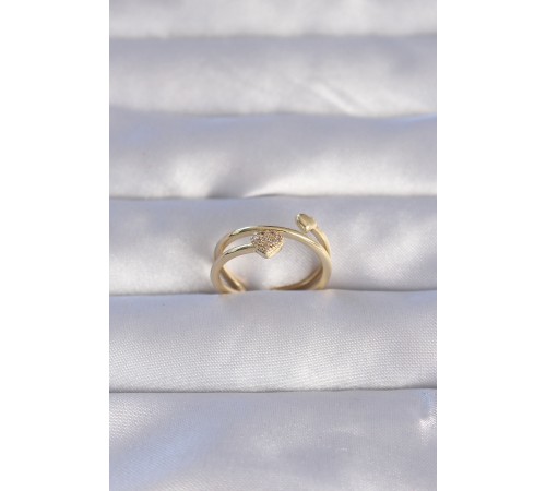 Pirinç Gold Renk Zirkon Taşlı Kalpli Model Ayarlanabilir Yüzük