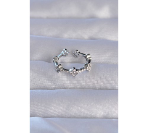 Pirinç Gümüş Renk Zirkon Taşlı Yonca Model Ayarlanabilir Yüzük