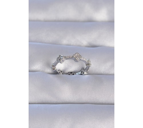 Pirinç Gümüş Renk Zirkon Taşlı Yonca Model Ayarlanabilir Yüzük