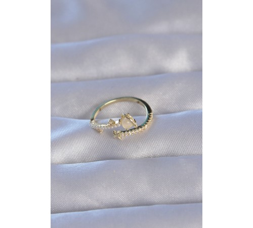 Pirinç Gold Renk Zirkon Taşlı İncili Satürn Model Ayarlanabilir Yüzük