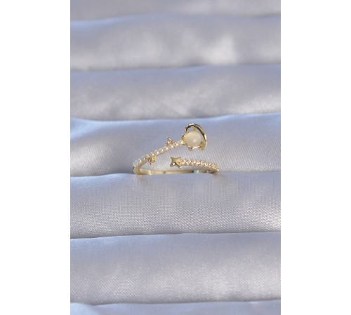 Pirinç Gold Renk Zirkon Taşlı İncili Satürn Model Ayarlanabilir Yüzük