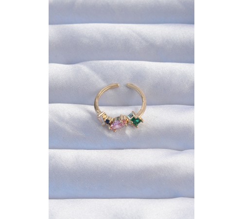 Pirinç Gold Renk Renkli Zirkon Taşlı Ayarlanabilir Yüzük