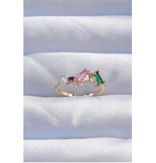 Pirinç Gold Renk Renkli Zirkon Taşlı Ayarlanabilir Yüzük