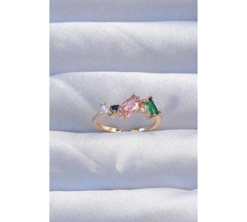 Pirinç Gold Renk Renkli Zirkon Taşlı Ayarlanabilir Yüzük