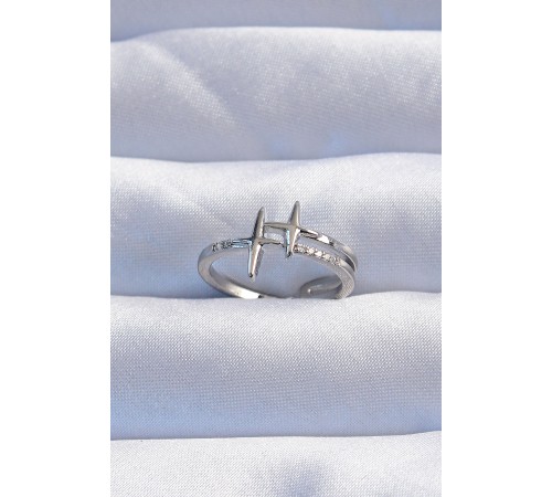 Pirinç Gümüş Renk Zirkon Taşlı 2li Görünüm Ayarlanabilir Yıldız Model Yüzük