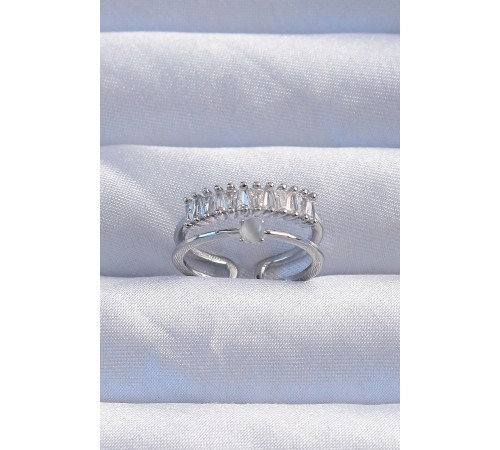 Pirinç Gümüş Renk Sedefli Zirkon Taşlı Su Yolu Model 2li Görünüm Ayarlanabilir Yüzük