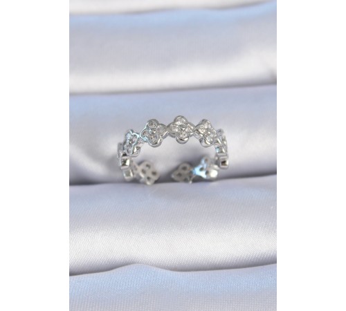 Pirinç Gümüş Renk Zirkon Taşlı Yonca Model Kadın Yüzük