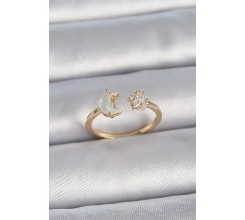 Pirinç Gold Renk İncili Hilal Zirkon Taşlı Yıldız Ayarlanabilir Model Kadın Yüzük