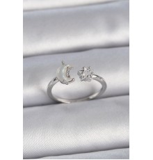 Pirinç Gümüş Renk İncili Hilal Zirkon Taşlı Yıldız Ayarlanabilir Kadın Yüzük