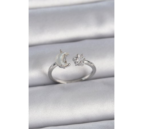 Pirinç Gümüş Renk İncili Hilal Zirkon Taşlı Yıldız Ayarlanabilir Kadın Yüzük