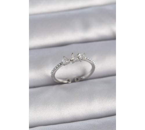 Pirinç Gümüş Renk Zirkon Taşlı Kalp İnci Detay Ayarlanabilir Model Kadın Yüzük