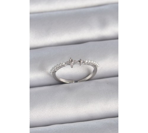 Pirinç Gümüş Renk Zirkon Taşlı Sıralı İnci Ayarlanabilir Model Kadın Yüzük