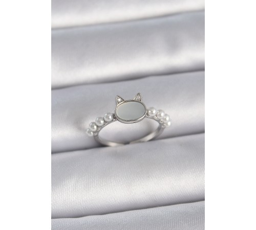Pirinç Gümüş Renk Ayarlanabilir Beyaz Mineli Kedi Model İnci Detay Kadın Yüzük