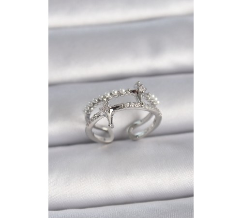 Pirinç Gümüş Renk Ayarlanabilir Zirkon Taşlı Kutup Yıldız İnci Detay Kadın Yüzük