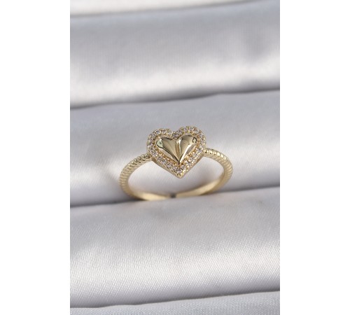 Pirinç Gold Renk Ayarlanabilir Zirkon Taşlı Kalp Model Kadın Yüzük