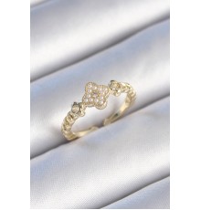 Pirinç Gold Renk İncili Yonca Model Zirkon Taş Detay Kadın Yüzük