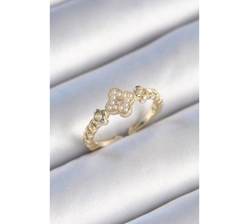 Pirinç Gold Renk İncili Yonca Model Zirkon Taş Detay Kadın Yüzük