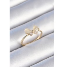 Pirinç Gold Renk Beyaz Mineli Zirkon Taşlı Kelebek Model Kadın Yüzük