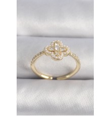 Pirinç Gold Renk Zirkon Taşlı Yonca Model İnci Detay Kadın Yüzük
