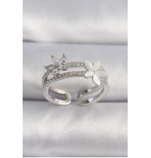 Pirinç Gümüş Renk Zirkon Taşlı Çiçek Model VIP Seri Kadın Yüzük