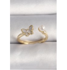 Pirinç Gold Renk Zirkon Taş Detaylı Beyaz Mineli Kelebek Model İnci Detay Ayarlanabilir Yüzük
