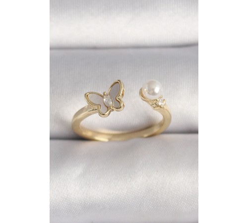 Pirinç Gold Renk Zirkon Taş Detaylı Beyaz Mineli Kelebek Model İnci Detay Ayarlanabilir Yüzük