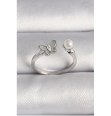 Pirinç Gümüş Renk Zirkon Taş Detaylı Beyaz Mineli Kelebek Figür İnci Detay Ayarlanabilir Yüzük