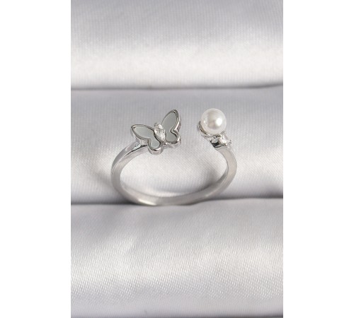 Pirinç Gümüş Renk Zirkon Taş Detaylı Beyaz Mineli Kelebek Figür İnci Detay Ayarlanabilir Yüzük