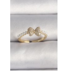 Pirinç Gold Renk Zirkon Taşlı Fiyonk İnci Detay Ayarlanabilir Yüzük