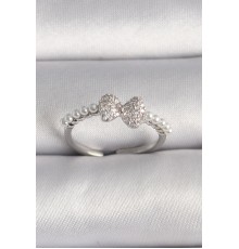 Pirinç Gümüş Renk Zirkon Taşlı Fiyonk İnci Detay Ayarlanabilir Yüzük