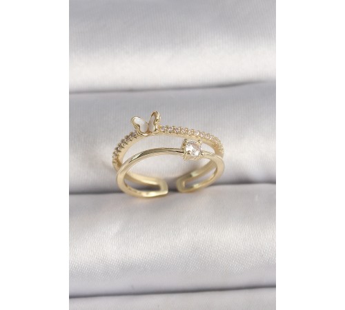 Pirinç Gold Renk Zirkon Taş Detaylı Kelebek Figür Ayarlanabilir Yüzük