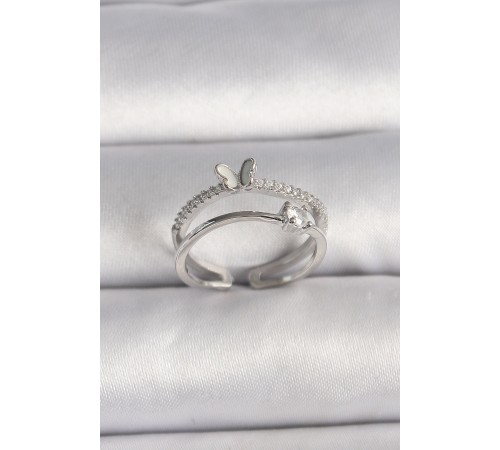 Pirinç Gümüş Renk Zirkon Taşlı Kelebek Figürlü Ayarlanabilir Yüzük