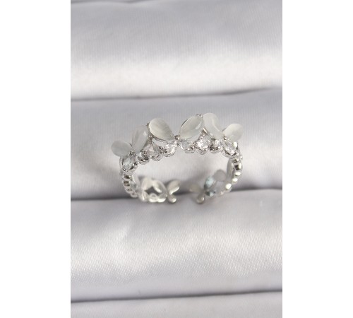 Pirinç Gümüş Renk Zirkon Taşlı Beyaz Mineli Kelebek Model Ayarlanabilir Yüzük