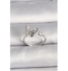 Pirinç Gümüş Renk Zirkon Taşlı Kelebek Model İnci Detay Ayarlanabilir Yüzük