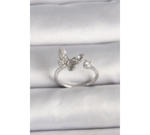 Pirinç Gümüş Renk Zirkon Taşlı Kelebek Model İnci Detay Ayarlanabilir Yüzük