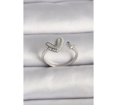 Pirinç Gümüş Renk Beyaz Mineli İnci Detaylı Kalp Model Ayarlanabilir Yüzük