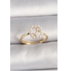 Pirinç Gold Renk Zirkon Taş Detaylı İncili Ayarlanabilir Yüzük