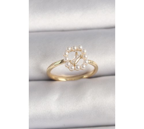 Pirinç Gold Renk Zirkon Taş Detaylı İncili Ayarlanabilir Yüzük