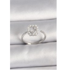 Pirinç Gümüş Renk Zirkon Taş Detaylı İncili Ayarlanabilir Yüzük